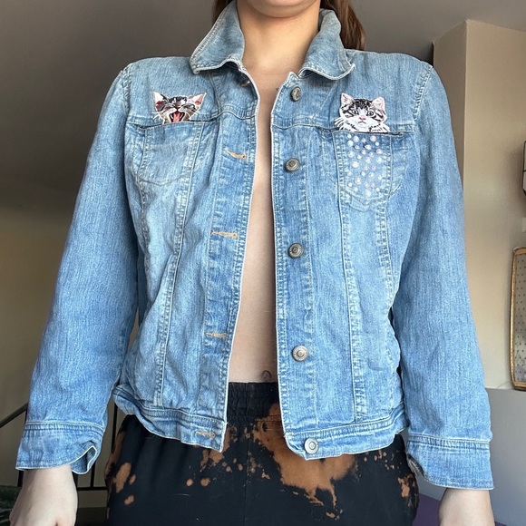 Handmade Pearl & Cat Patch Denim Jacket Size XS - Picture 3 of 4